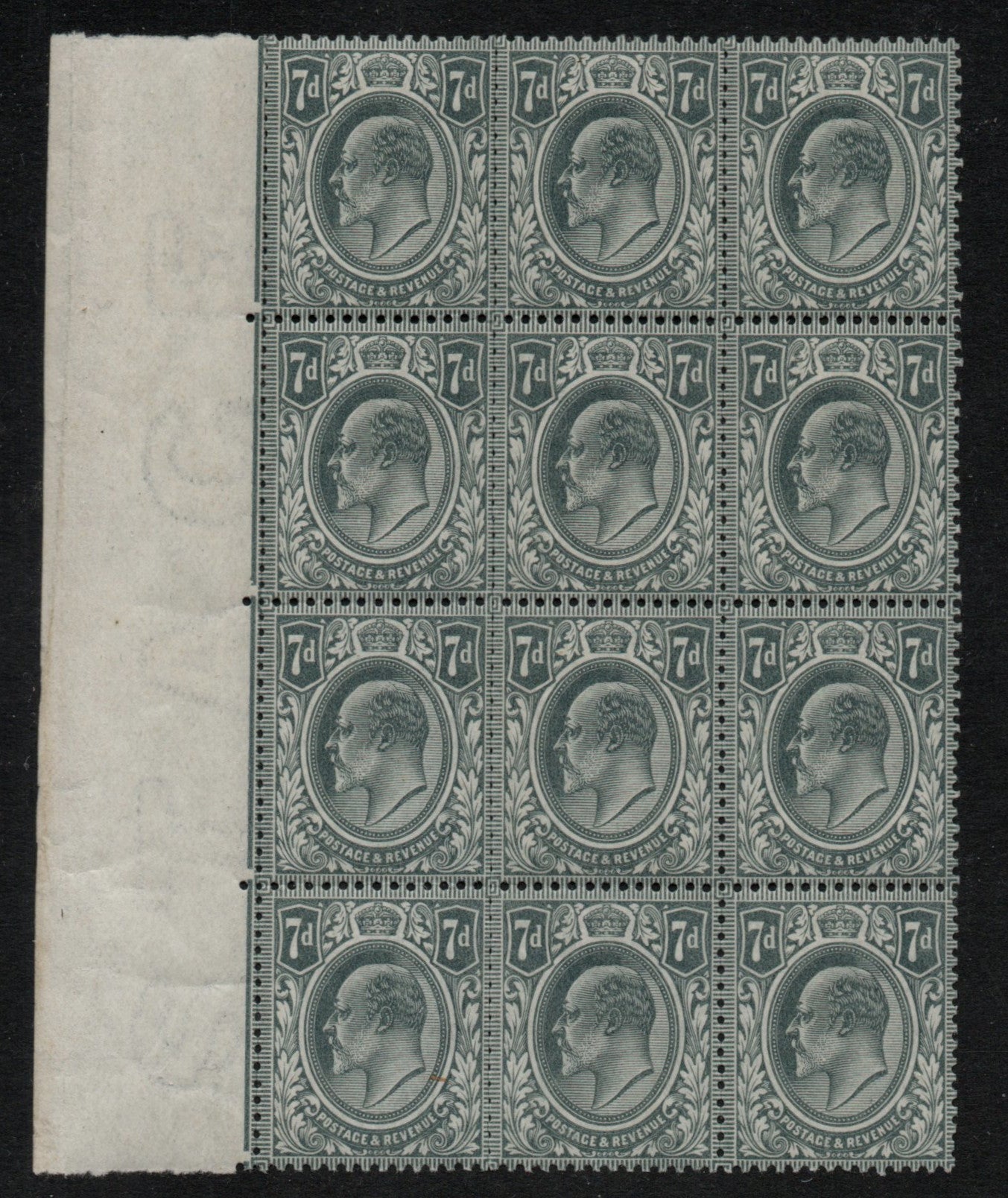 GB KEVII 1902 SG Spec M37 7d Pale Grey-Black U/M Block of 12 with Hendon Cert