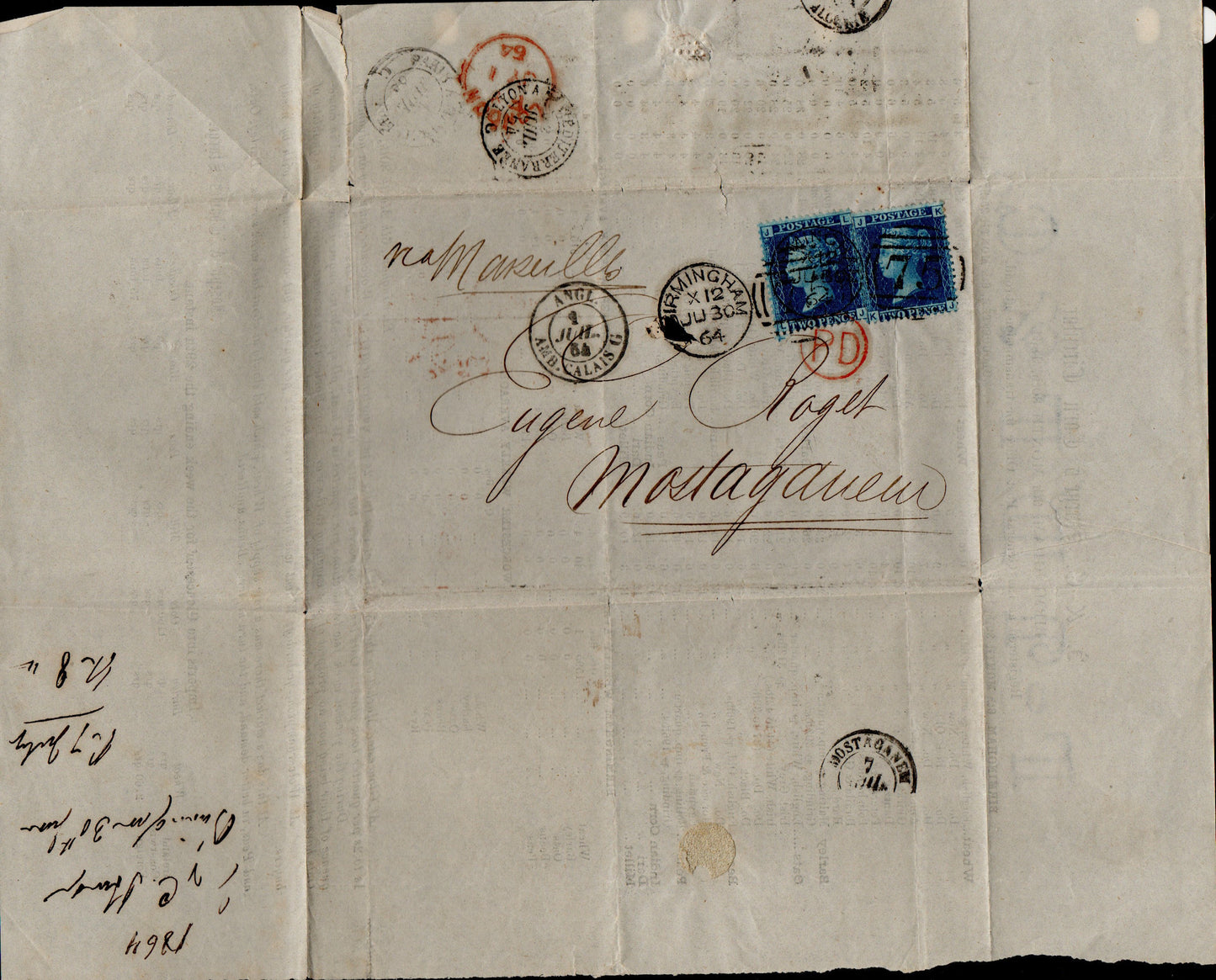 GB 1864 Wholesale Foodstuffs Price list Birmingham to France bearing 2 x SG45. More below (AM1224)