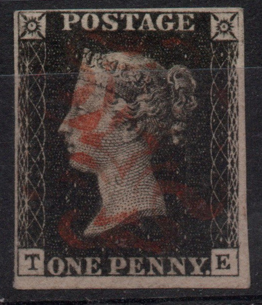 GB QV 1d Penny Black SG2 Plate 7 AS46 T-E 4 Margins Red MC