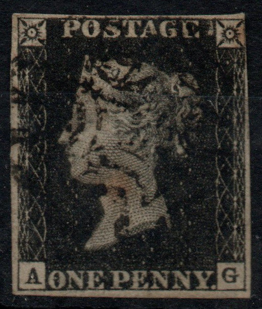 GB QV Penny Black SG2 Plate 7 AS46 A-G Almost 4 Margins Black MC