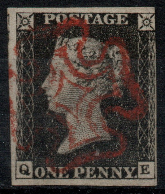 GB QV Penny Black SG2 Plate 6 AS41 State 1, 3 Margins Q-E (AM1235)