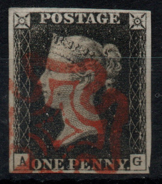 GB QV Penny Black SG2 Plate 1a. AS5. A-G. 4 Margins. Red MC