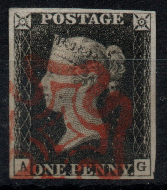 GB QV Penny Black SG2 Plate 1a. AS5. A-G. 4 Margins. Red MC