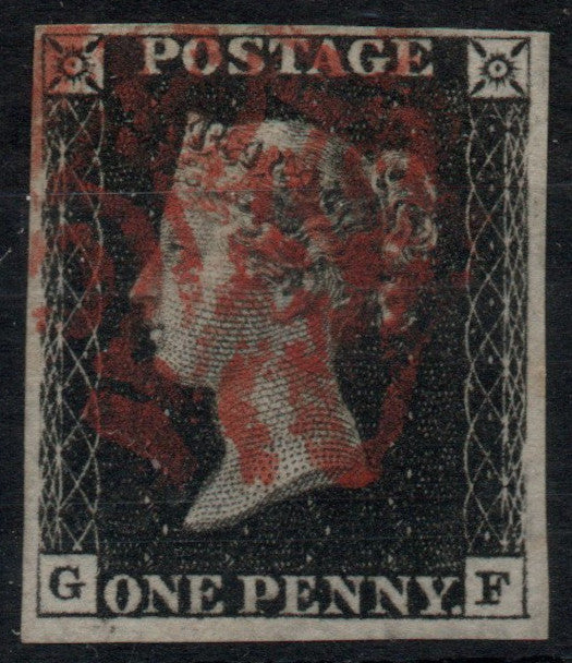 GB 1d Penny Black SG2. Plate 6. AS41. 4 Margins. Red MC. G-F