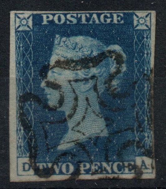 GB QV 1840 2d Blue SG5. Plate 2. DS8 . Almost 4 Margins. Black MC. D-A