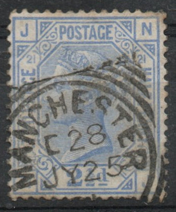 1880-83 GB QV SG157 2½d Blue Plate 21. Manchester Squared Circle Cancellation (N-J)