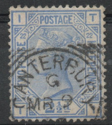 1880-83 GB QV SG157 2½d Blue Plate 22. (T-I). Canterbury Squared Circle CDS  (AM1259)