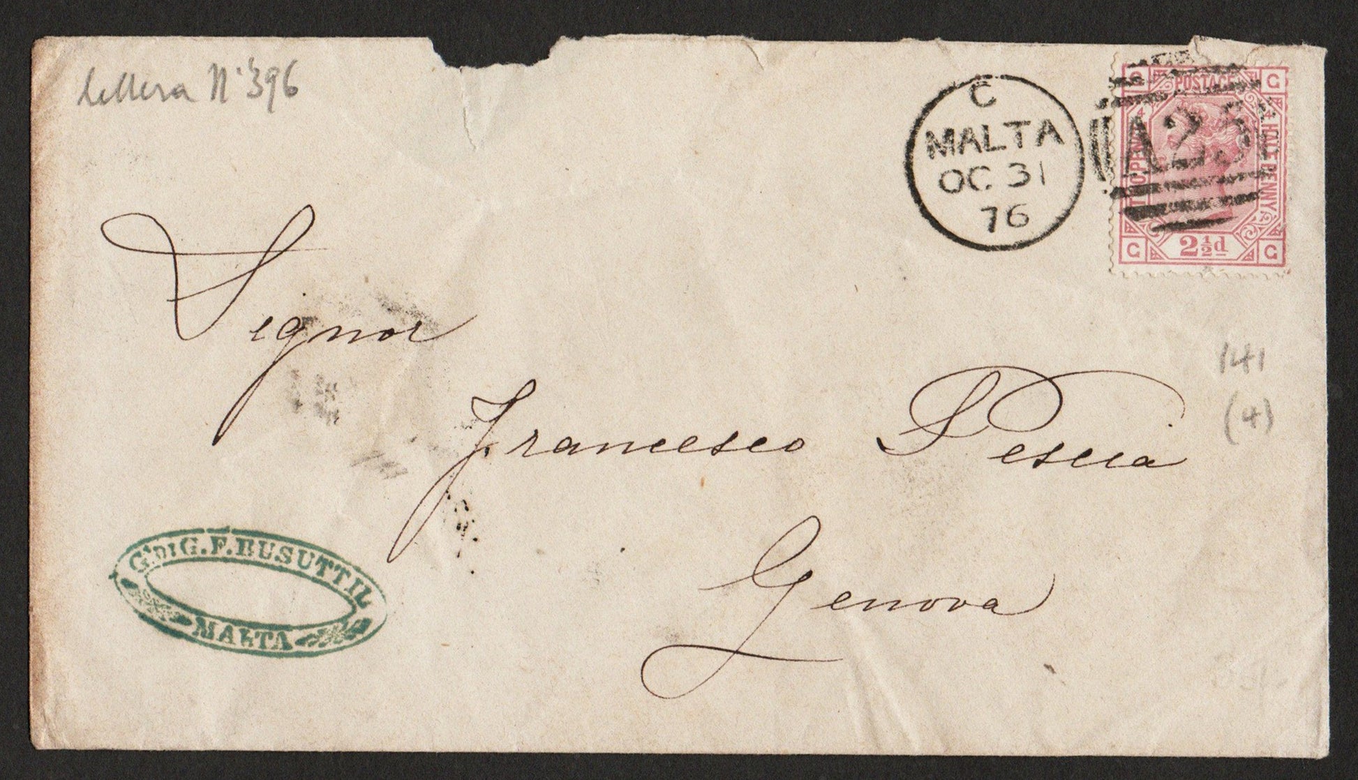 1873-80 Cover bearing SG141 2½d Rosy Mauve Plate 4 Used Malta A25 