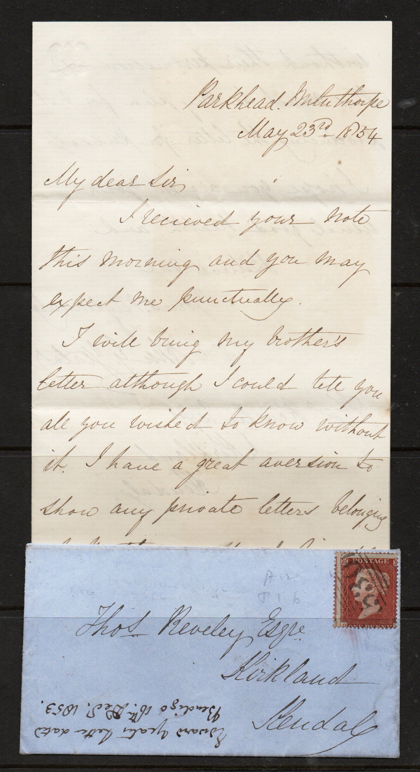 1854 Cover bearing SG17 Plate 155 C1 LC16 State 2 with ORIGINAL LETTER Milnthorpe to Kendal
