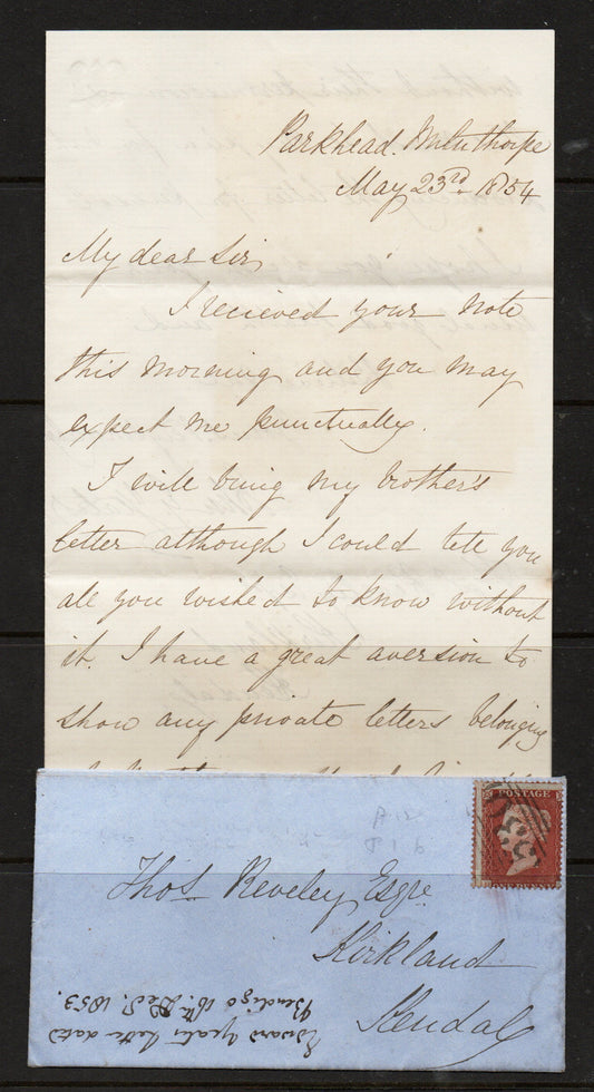 1854 Cover bearing SG17 Plate 155 C1 LC16 State 2 with ORIGINAL LETTER Milnthorpe to Kendal