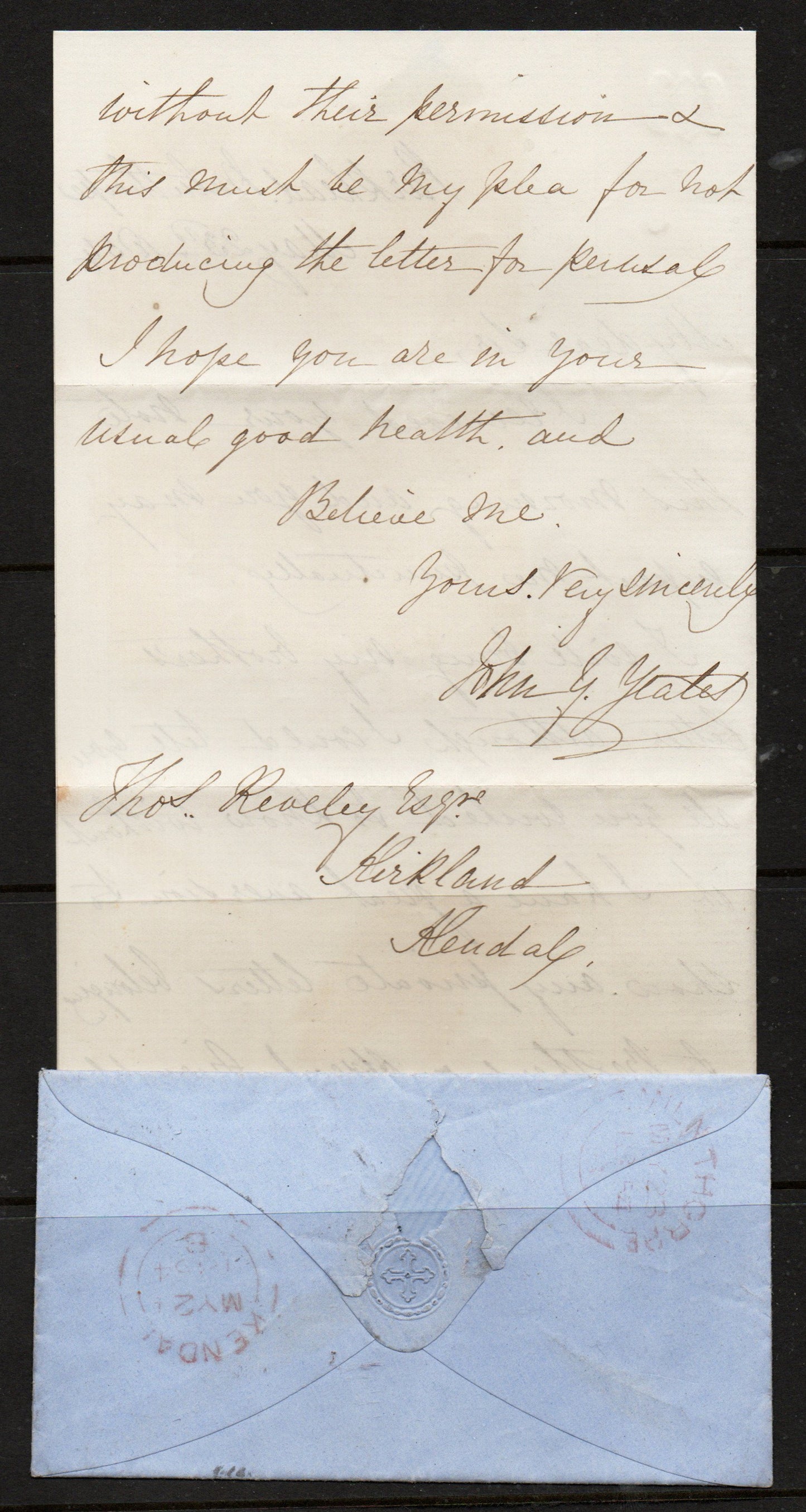 1854 Cover bearing SG17 Plate 155 C1 LC16 State 2 with ORIGINAL LETTER Milnthorpe to Kendal(AM1502)