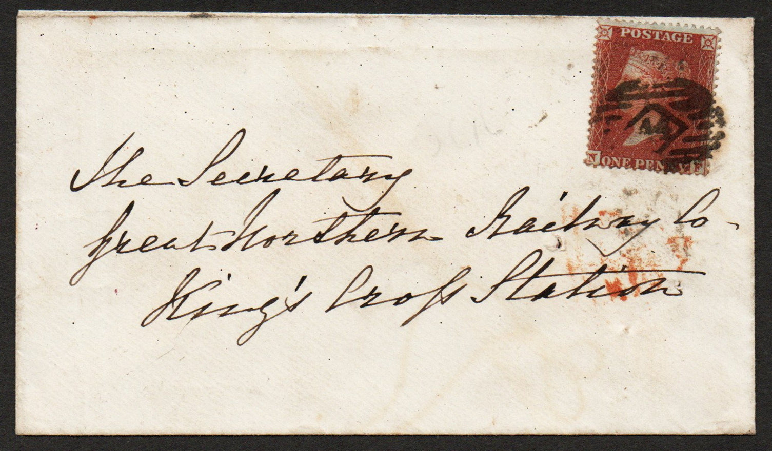 May 1855 Envelope bearing SG21 Plate 7 C4  Addressed to: The Secretary, Great Northern Railway Co., King's Cross Station