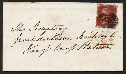 May 1855 Envelope bearing SG21 Plate 7 C4  Addressed to: The Secretary, Great Northern Railway Co., King's Cross Station