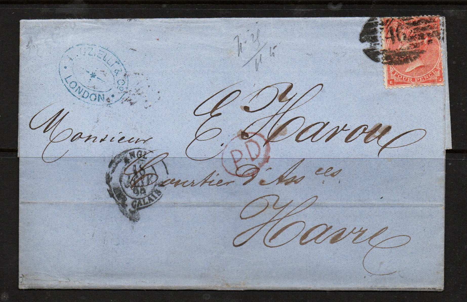 &nbsp;1865 transatlantic maritime insurance letter and folded cover sent from London to Le Havre, France. Bearing GB 1862–64 4d Pale Red / Vermilion (Hairlines) (Large Uncoloured Corner Letters, corner check-letters E-J / J-E) This item has a wealth of Historical/Maritime History and is worthy of further research