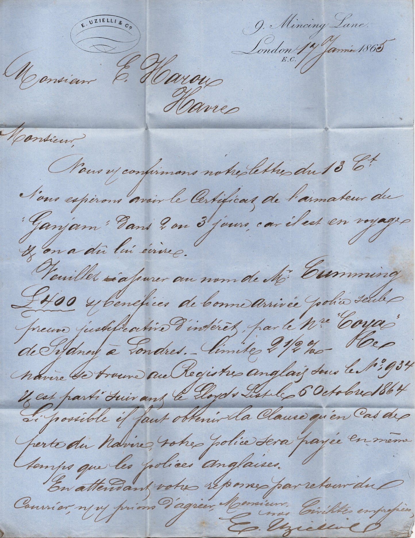 1865 transatlantic maritime insurance letter and folded cover sent from London to Le Havre, France. See below(AM1505)