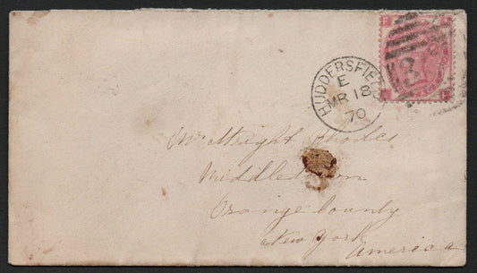 1870 Cover Huddersfield-Orange County, New York, Bearing SG103 3d Rose Plate 5 WITH ORIGINAL LETTER