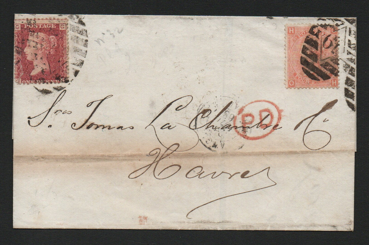 1868 Wrapper London-France bearing SG43 Plate 80 & SG93 4d Verm Pl 9