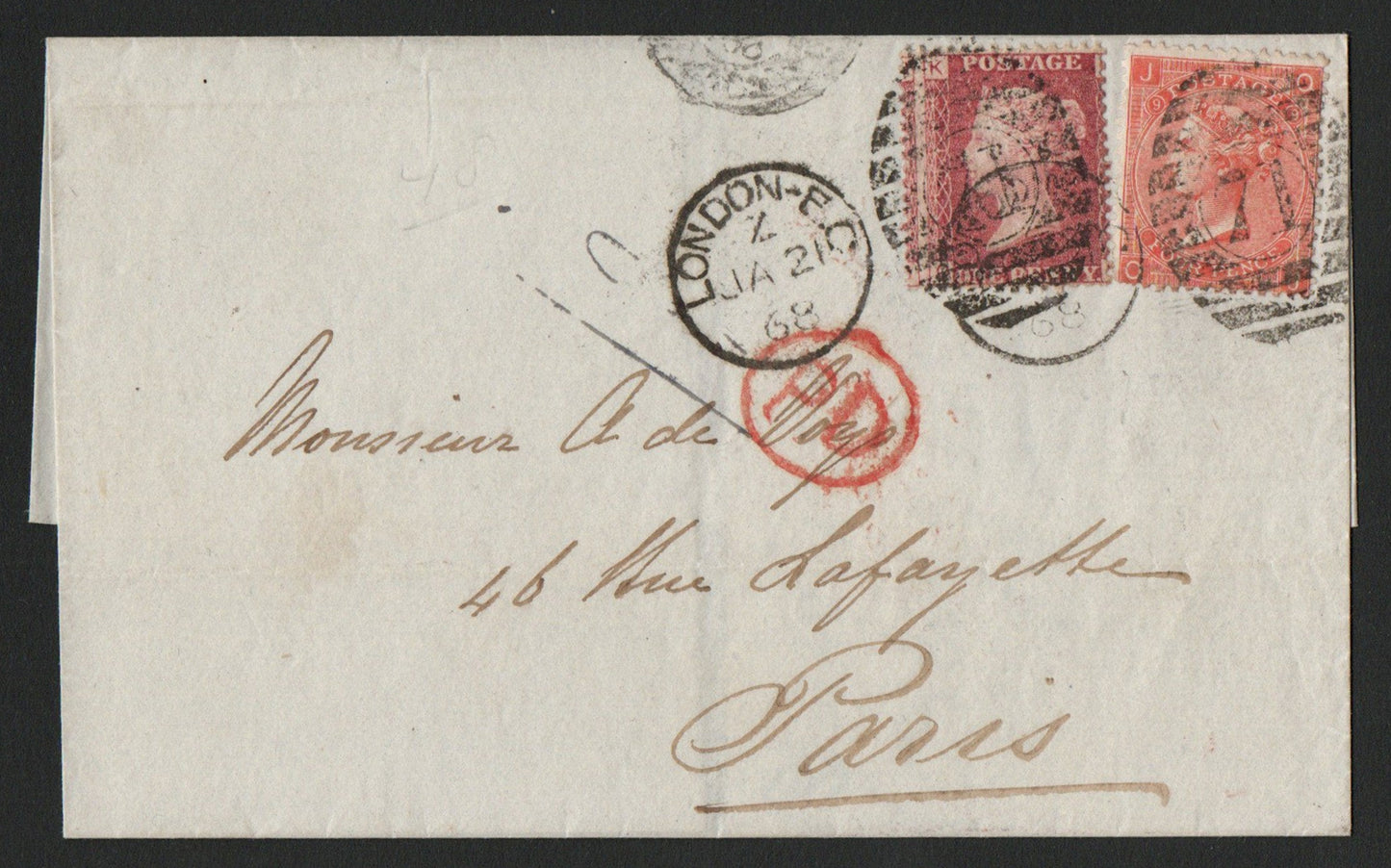 1858 Part Entire London-Paris bearing SG43/44 Plate 91 & SG94 4d Verm Plate 9