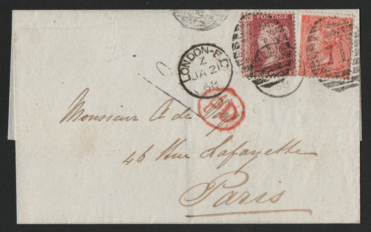 1858 Part Entire London-Paris bearing SG43/44 Plate 91 & SG94 4d Verm Plate 9