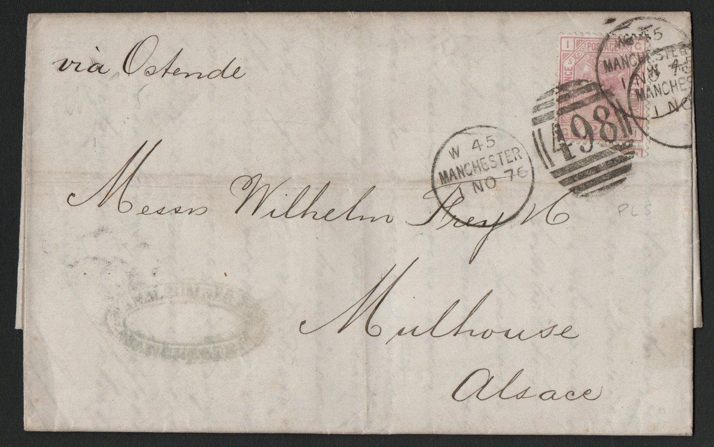 1876 Entire Manchester-Germany via Ostende Bearing SG141 Plate 5 2½d Rosy Mauve