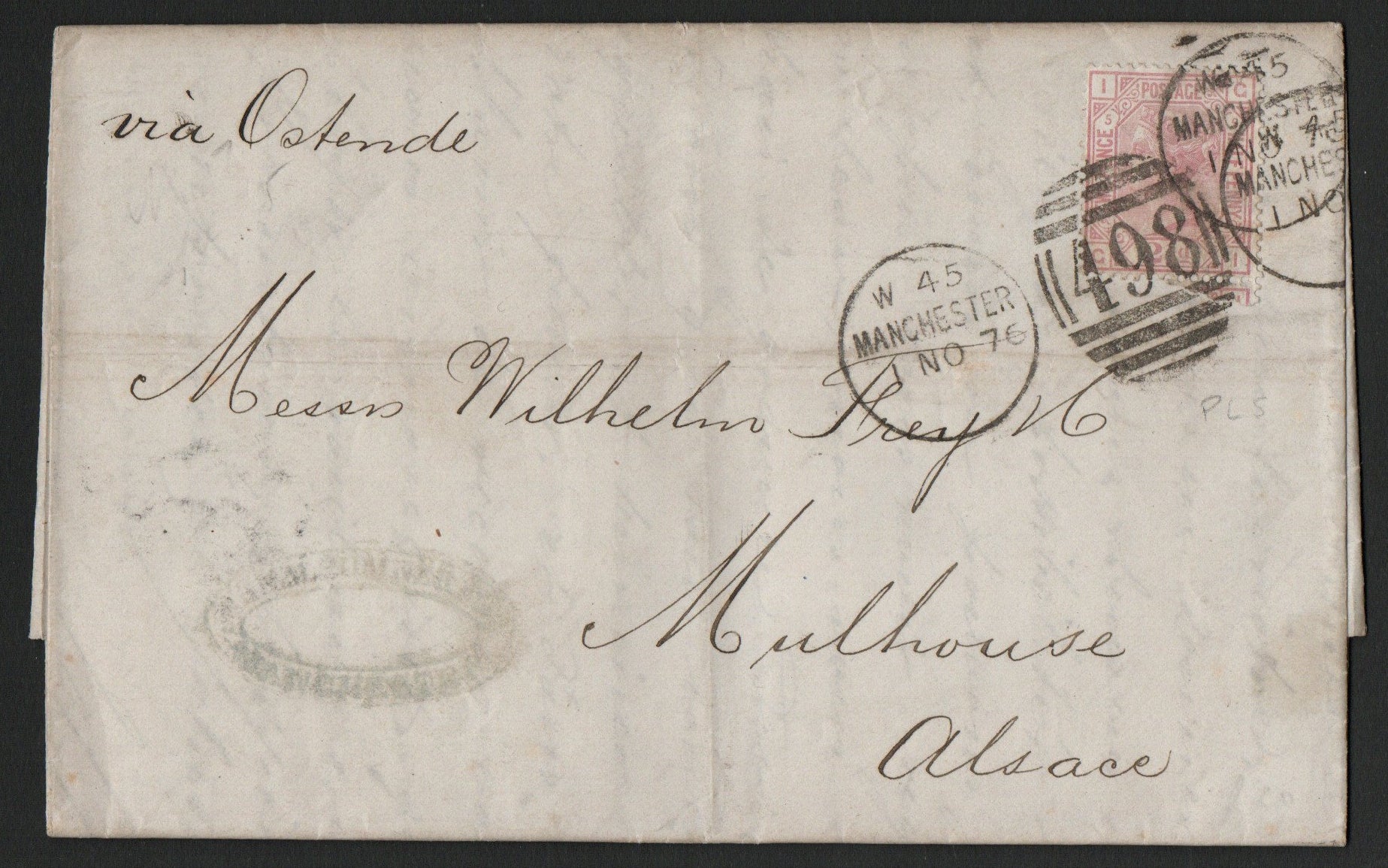 1876 Entire Manchester-Germany via Ostende Bearing SG141 Plate 5 2½d Rosy Mauve