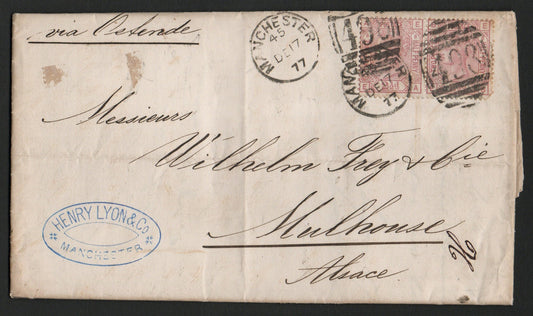 1877 Entire Manchester-Germany via Ostende Bearing 2 xSG141 Plate 8 2½d Rosy Mauve