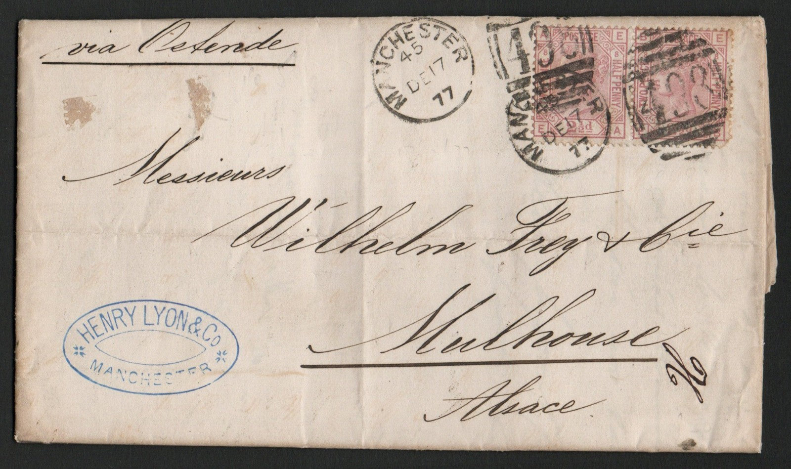 1877 Entire Manchester-Germany via Ostende Bearing 2 xSG141 Plate 8 2½d