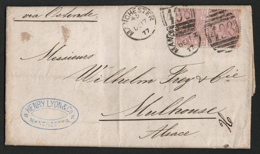 1877 Entire Manchester-Germany via Ostende Bearing 2 xSG141 Plate 8 2½d