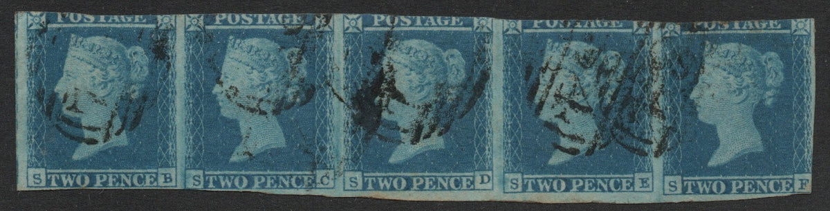 GB QV 1841 SG14 2d Blue Plate 4 Strip of 5 SB-SF Margins as seen