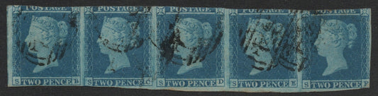 GB QV 1841 SG14 2d Blue Plate 4 Strip of 5 SB-SF Margins as seen