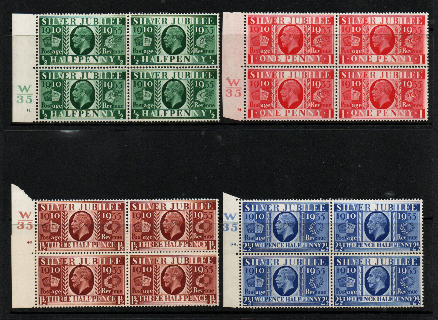 GB KGV 1935 SG453-456 Jubilee Set in Cylinder Blocks of 4.; ½d &amp; 1d M/M, 1½d &amp; 2½d U/M