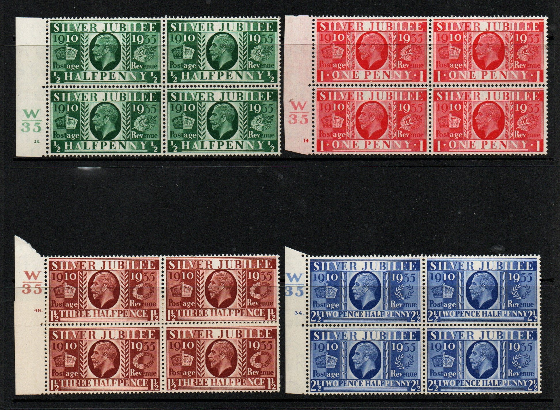 GB KGV 1935 SG453-456 Jubilee Set in Cylinder Blocks of 4.; ½d &amp; 1d M/M, 1½d &amp; 2½d U/M