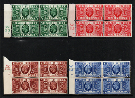 GB KGV 1935 SG453-456 Jubilee Set in Cylinder Blocks of 4.; ½d &amp; 1d M/M, 1½d &amp; 2½d U/M