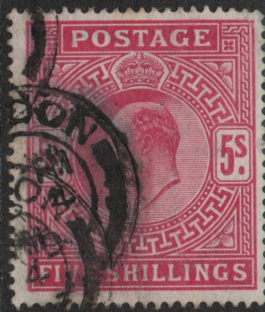 GB KEVII 1902-10 5/- Bright Carmine SG263 Double London Cancel