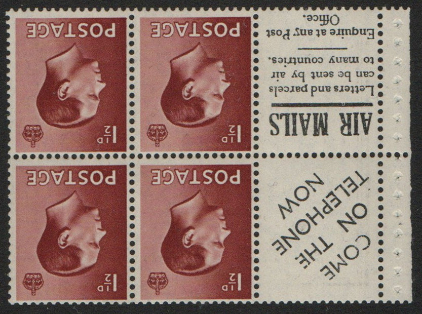 1936 King Edward VIII Booklet Pane SG459a Spec PB5b(15) INV Wmk LMM