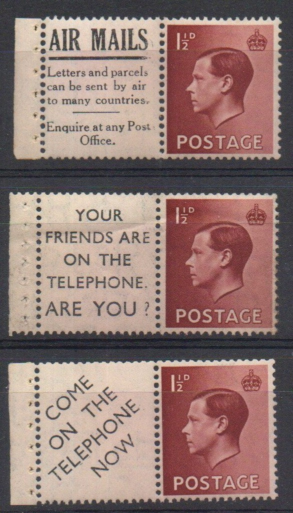 1936 King Edward VIII Booklet Pane Advertising Labels Upright Wmks