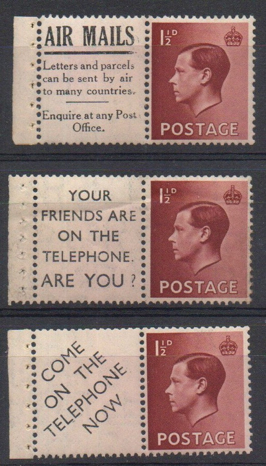 1936 King Edward VIII Booklet Pane Advertising Labels Upright Wmks