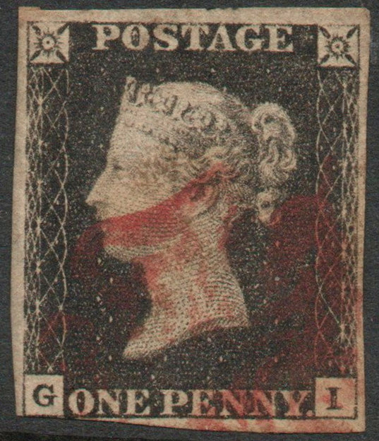 1840 GB QV SG1 Plate 4 (G-I) 3½ Margins, Clipped at bottom Red M/C