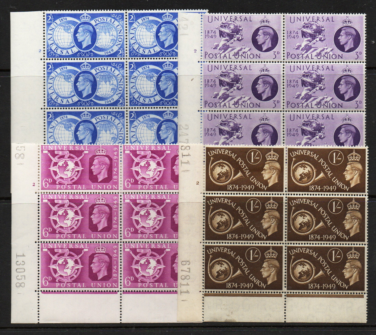 1949 GB KGVI George VI SG499-502 75th Anniversary of the UPU. All Cylinder 2 Blocks of 6 M/M