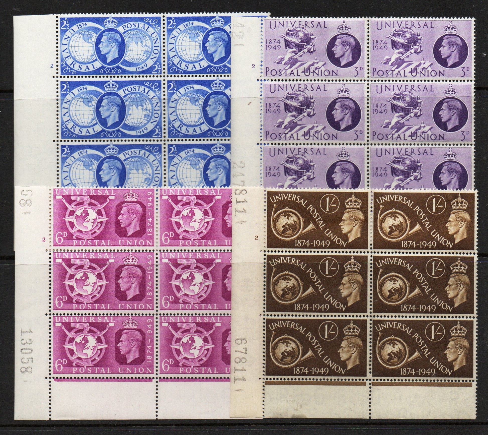 1949 GB KGVI George VI SG499-502 75th Anniversary of the UPU. All Cylinder 2 Blocks of 6 M/M
