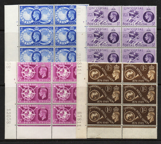 1949 GB KGVI George VI SG499-502 75th Anniversary of the UPU. All Cylinder 2 Blocks of 6 M/M