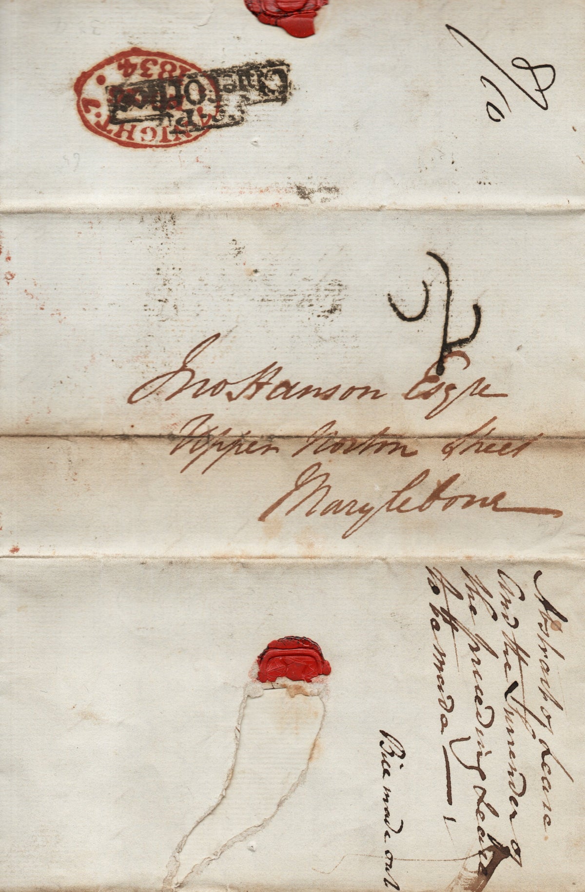 GB 1834 Entire bearing 7.Night.7 handstamp in Red.