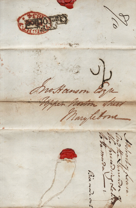 GB 1834 Entire bearing 7.Night.7 handstamp in Red.