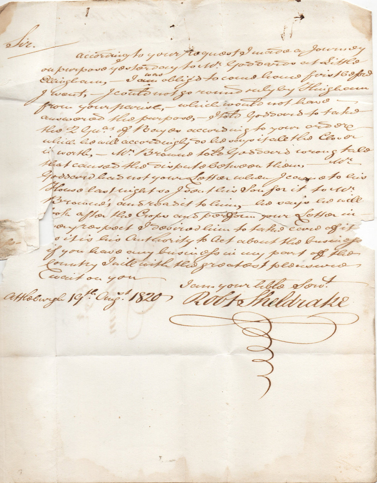 1820 Pre Stamp Entire with 2 Line ATTLEBOROUGH Handstamp & Manuscript 4 Details Below (AM1578)