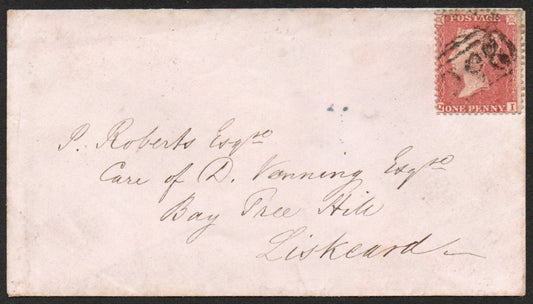 1857 Envelope Devonport - Liskeard Bearing SG8 C9 Plate 27 Details Below (AM1583)