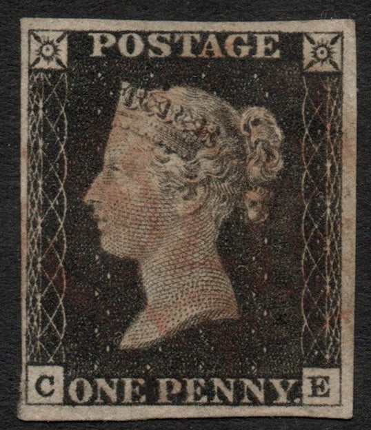 GB QV 1840 1d Black SG2 Plate 2 (C-E) 4 Margins. Very Light Red M/C 