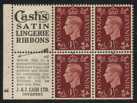 GB 1937 KGVI QB23(5) Cyl G46 PerfB3(I) No467 Upright Watermark U/M MNH 