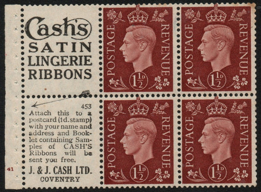 GB 1937 KGVI QB23(4) Cyl G41 Perf B3(I) Upright Watermark U/M MNH. Very slight foxing top right
Usual Trimmed Perfs