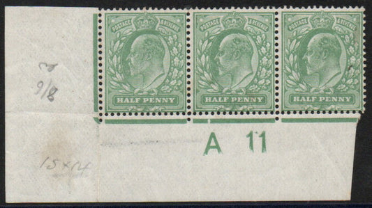 Oct 1911 KEVII SG279 ½d Dull Green perf 15x14 Unmounted Control A11 Strip of 3