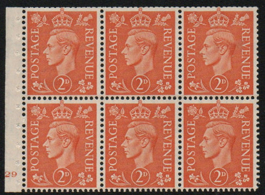 GB KGVI QB30(I) Booklet Pane Cyl H29 no dot Upright Watermark U/M 